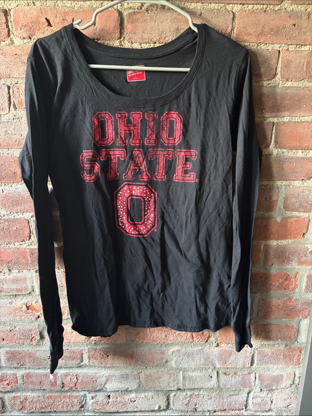 Ohio State Women's Black Long-Sleeve Tee with Red Lettering and diamond accents